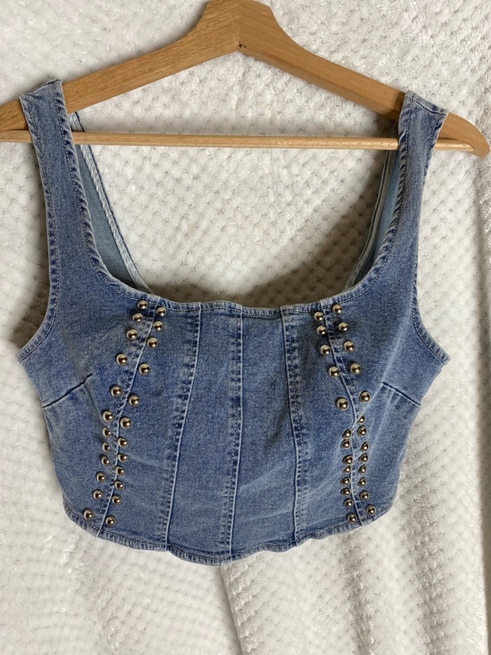 Fashion Nova Light Blue Studded Denim Crop Top